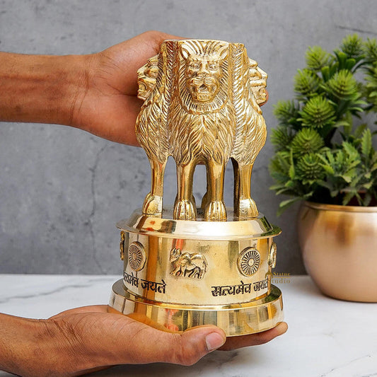 10" Brass Indian NATIONAL Emblem - Republic of INDIA - Ashok STAMBH Statue (1035)