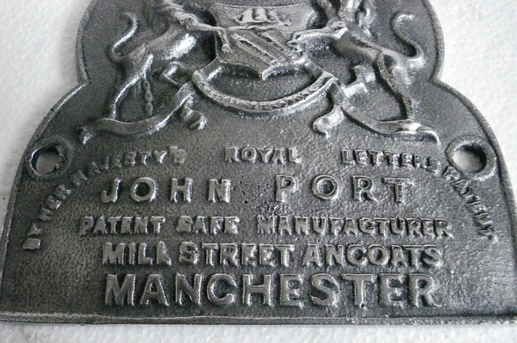 VINTAGE Style Cast JOHN PORT MANCHESTER Safe Plate - Coat of Arms (5130)