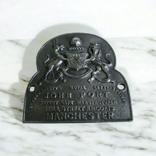 VINTAGE Style Cast JOHN PORT MANCHESTER Safe Plate - Coat of Arms (5130)