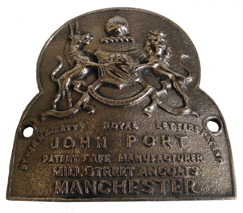 VINTAGE Style BRASS Cast JOHN PORT MANCHESTER Safe Plate - Coat of Arms (5131)
