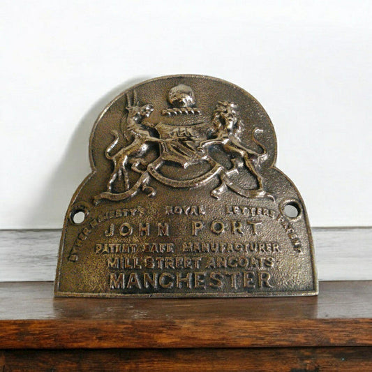 VINTAGE Style BRASS Cast JOHN PORT MANCHESTER Safe Plate - Coat of Arms (5131)
